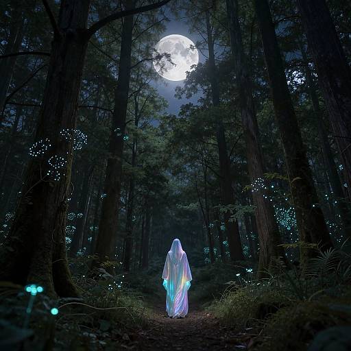 Photograph of a glowing, ethereal figure in a white, iridescent dress standing on a forest path under a full moon.