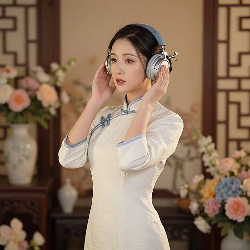 Asian woman in traditional white cheongsam, blue hairband, and headphones, listening, standing in floral-decorated room with Chinese-style paneling