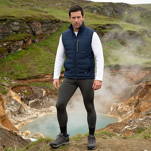 Photograph of a serious-looking man with short dark hair, wearing a white long-sleeve shirt, black puffer vest, and black leggings,