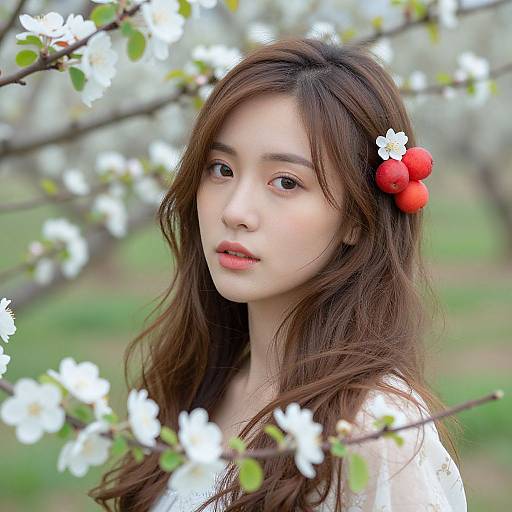 Photograph of an Asian woman with long brown hair, wearing a white top, adorned with red berries and white flowers, standing among blooming white bloss