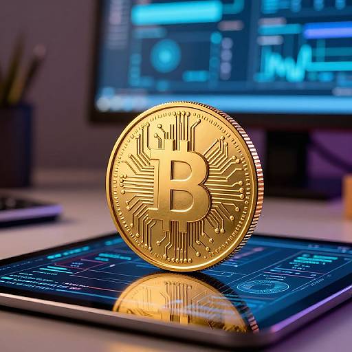 Photograph of a shiny, gold Bitcoin coin with a circuit design, standing on a blue-lit laptop, in front of a blurred computer screen displaying