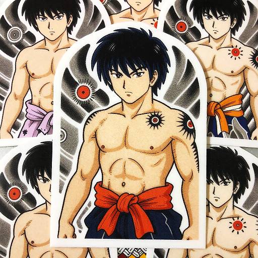 Digital anime-style collage of a muscular, shirtless young man with black hair, various tattoos, and red and orange sashes, set against a dynamic
