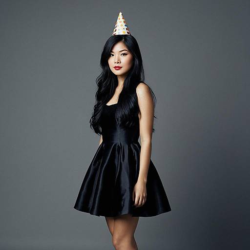 Young Woman in Black Dress with Birthday Hat