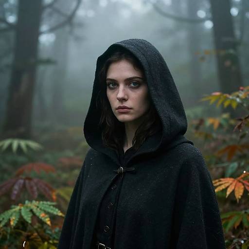 Photograph-style digital art of a serious young woman with pale skin, dark eyes, and long brown hair, wearing a wet black hooded cloak in