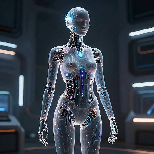 Photorealistic CGI of a glowing, futuristic, humanoid robot with transparent, metallic skin, blue and purple lights, in a dimly lit sci-fi