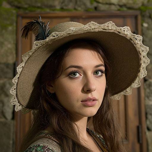Photograph of a fair-skinned woman with green eyes, wearing a beige lace-trimmed hat with a black feather, in front of a stone