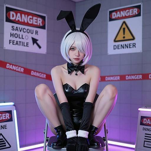 Neon-Lit Bunny Girl in Tiled Room
