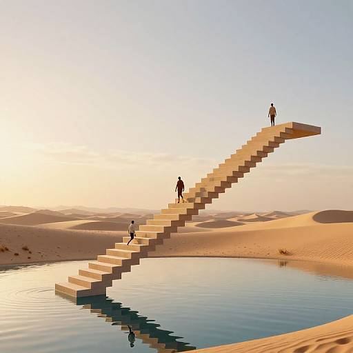Digital artwork of three silhouetted figures ascending a steep, reflective stone staircase through a desert with golden sand dunes and a calm water pool.