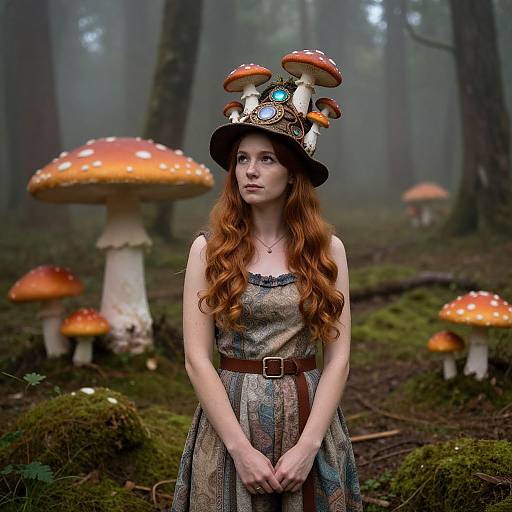Photograph of a red-haired woman in a whimsical mushroom hat and striped dress, standing in a foggy forest with large, orange-spotted mushrooms