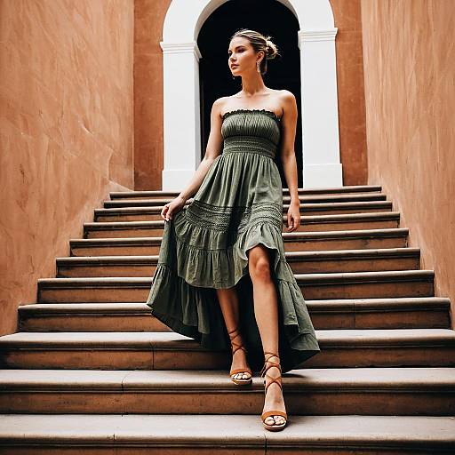 Woman in Olive Green Strapless Maxi Dress on Stairs