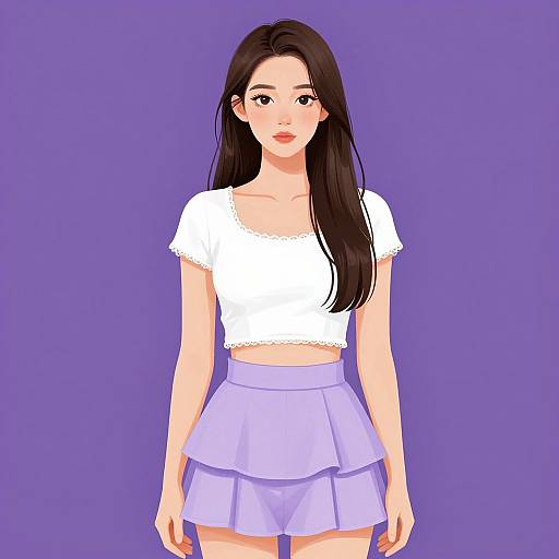 Digital anime-style drawing of an East Asian woman with long black hair, wearing a white crop top and lavender skirt, against a solid purple background.