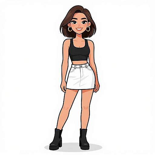 Digital cartoon of a smiling woman with medium-length brown hair, wearing a black crop top, white high-waisted skirt, black ankle boots, and