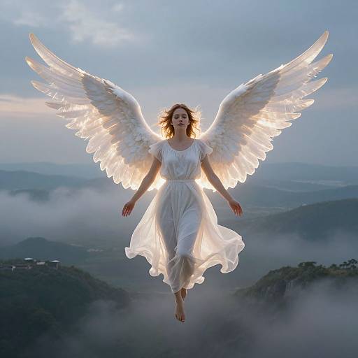 Photograph of a winged woman with glowing white wings, wearing a flowing white dress, flying above misty mountains at dawn.