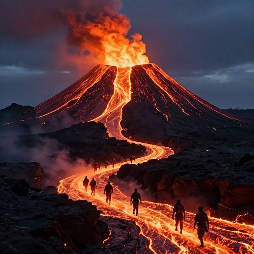 Photograph of a vibrant volcanic eruption at night, with bright orange lava flows down the mountain, silhouetted hikers walking along the glowing path