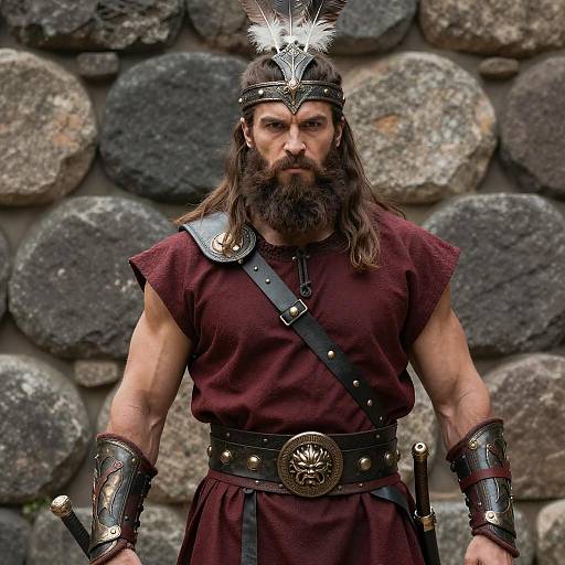 Photograph of muscular, bearded man with long brown hair, wearing dark maroon tunic, black leather armor, and feathered headpiece,