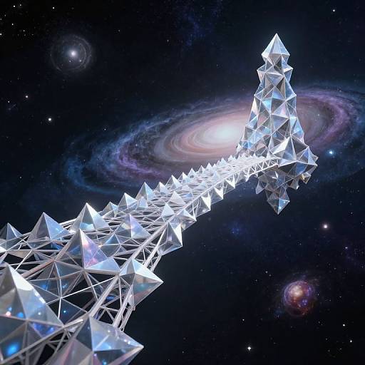 CGI image of a crystalline, geometric structure extending into space, illuminated against a starry background with colorful spiral galaxies.
