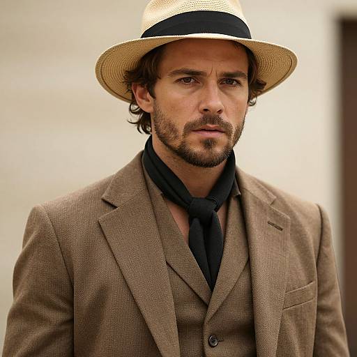 Photograph of a handsome, bearded man with brown eyes, wearing a beige straw hat, brown tweed suit, black scarf, and black tie