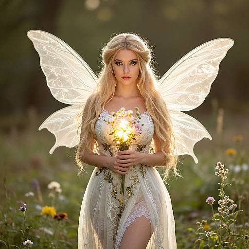 Photograph of a blonde fairy with glowing wings, holding a sunlit flower bouquet, wearing a white, lace-trimmed dress in a sunlit