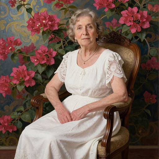 Photograph of an elderly white woman with short gray hair, wearing a white lace dress, sitting in an ornate wooden chair, surrounded by vibrant pink