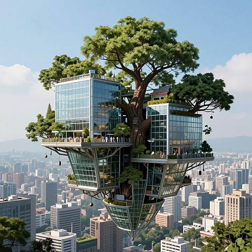Photorealistic CGI of a futuristic, glass-walled, multi-story treehouse with people on balconies, suspended above a bustling cityscape.