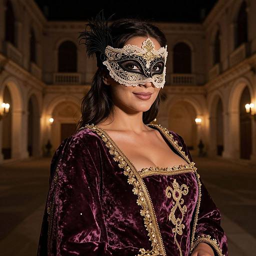 Photograph of a woman with dark hair, wearing an ornate black and white masquerade mask, and a deep purple velvet gown with gold embroidery