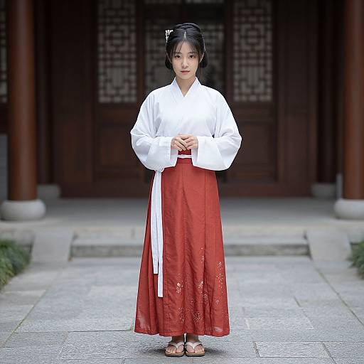 Photograph of a young East Asian woman in traditional Korean hanbok, white top, red floral-patterned skirt, black hair in bun, standing
