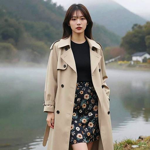 Woman in Beige Trench Coat by Misty Mountain Lake