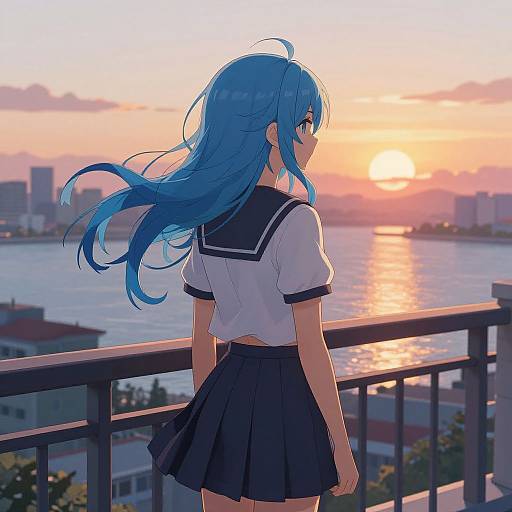 Anime-style digital drawing of a blue-haired girl in a school uniform, standing on a balcony, watching a sunset over a river and cityscape.