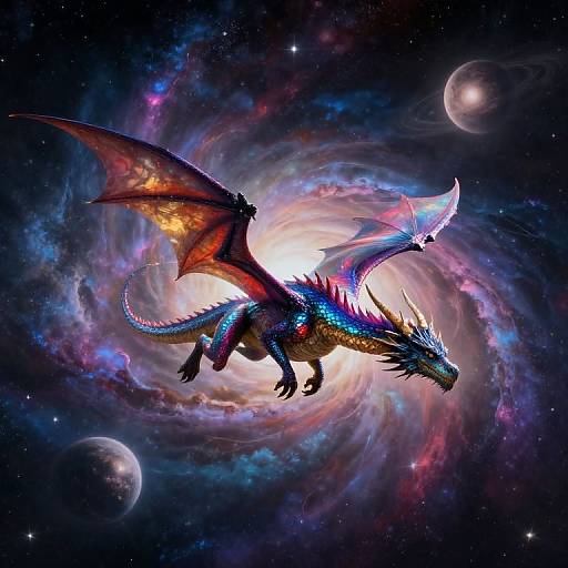 Digital illustration of a vibrant, bioluminescent dragon with blue, red, and purple scales flying through a swirling galaxy with colorful nebulae and