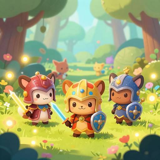 Cute chibi-style digital artwork of three armored fox warriors with swords and shields in a sunny, magical forest, surrounded by glowing fireflies and colorful