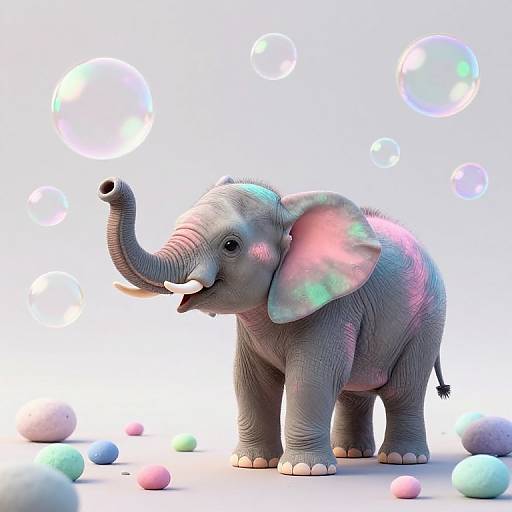 Digital CGI of a colorful, playful baby elephant with iridescent skin, blowing bubbles amidst pastel-colored balls on a white background.