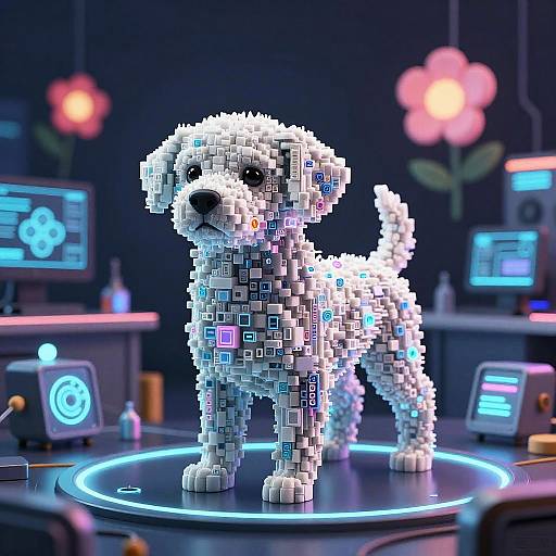 Digital pixel art of a white, blocky dog standing on a glowing blue platform in a futuristic, neon-lit lab with screens and pink flowers.