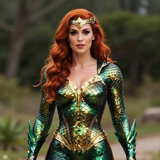 Photorealistic CGI of a red-haired superhero woman with long wavy hair, wearing a green and gold, scale-patterned costume, crown, and