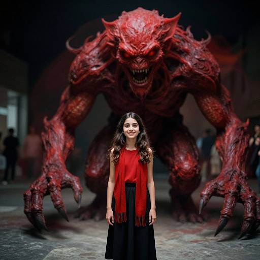 Photograph of a young woman with long brown hair, wearing a red scarf and black dress, standing in front of a large, menacing red monster with