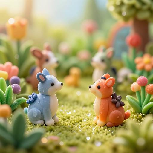 Photograph of two adorable, tiny, cartoon-style plush bears—one blue with a blue bow, one orange with a black bow—sitting on moss