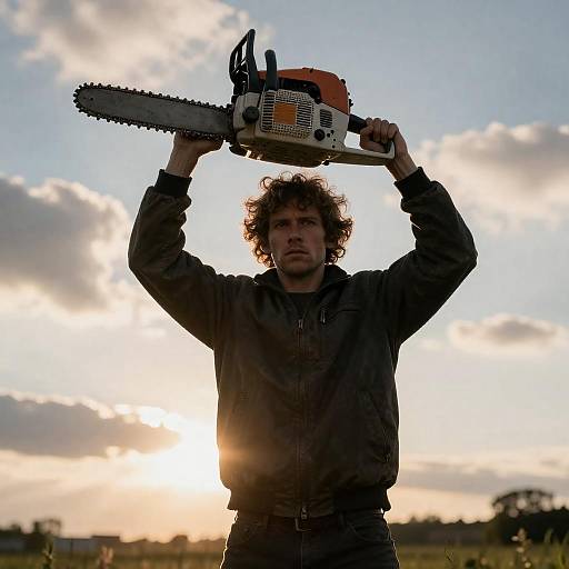 Intense Man with Chainsaw in Sunset
