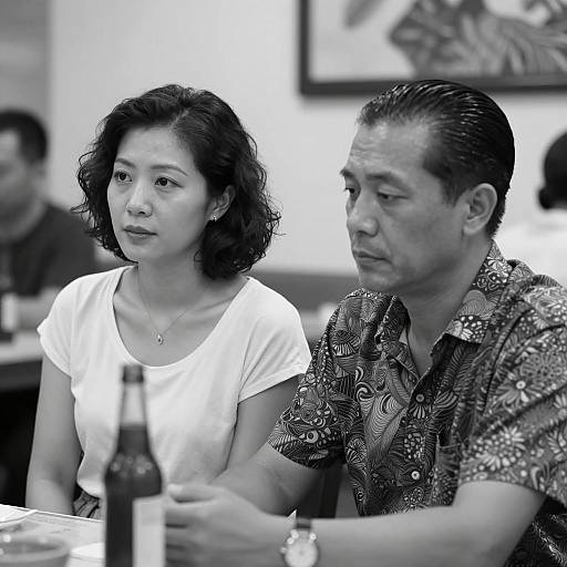 Black and White Portrait of Two People Sitting at Table