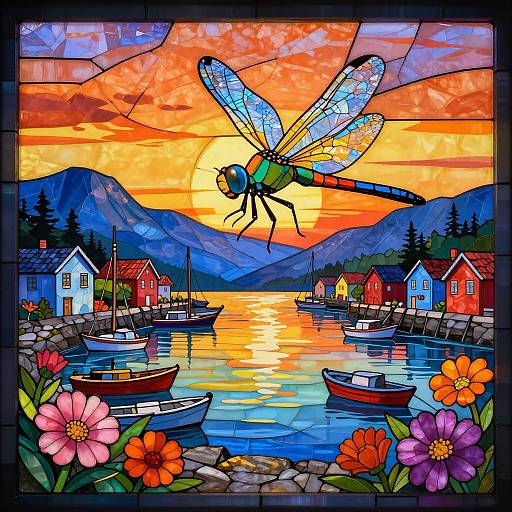 Dragonfly Over Colorful Harbor Sunset