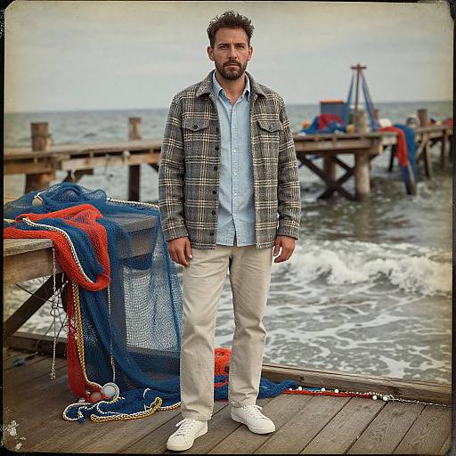 Photograph: Bearded man with short dark hair, wearing plaid jacket, light blue shirt, beige pants, white sneakers, standing on wooden pier