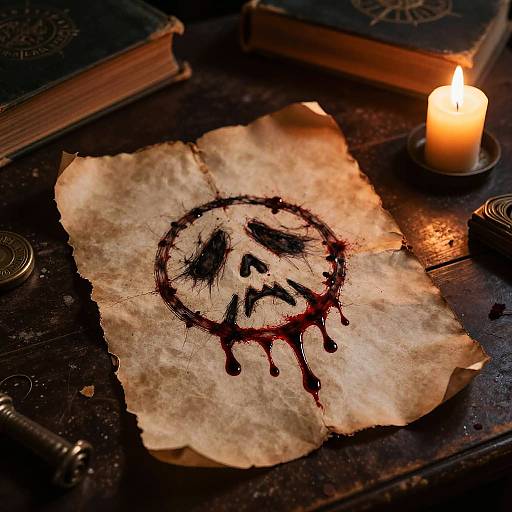 Mysterious parchment with a grimacing skull symbol, blood drips, lit candle, old books, dark wooden table, eerie atmosphere.