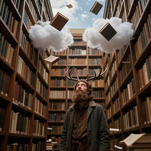 Photograph of a bearded man with antlers, wearing a green coat, standing between book-filled shelves as books float out of fluffy white clouds in