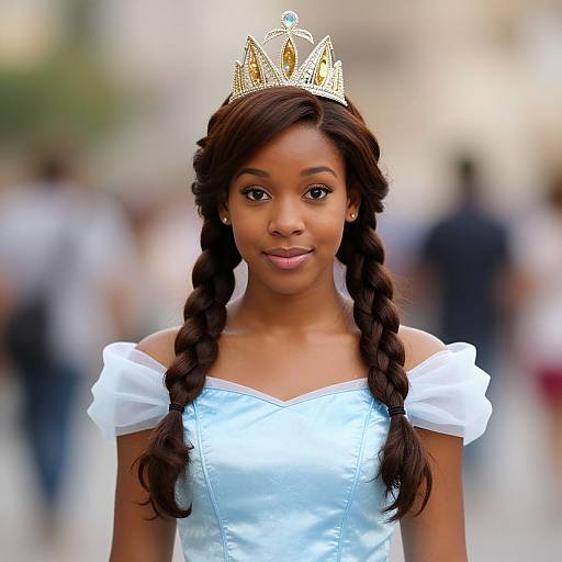 Photograph of a young Black girl with dark braided hair, wearing a gold tiara, white off-shoulder dress, and blue satin bod