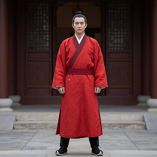 Photograph of a serious Asian man in a traditional red Korean hanbok with black trim, black hair in a topknot, standing in front