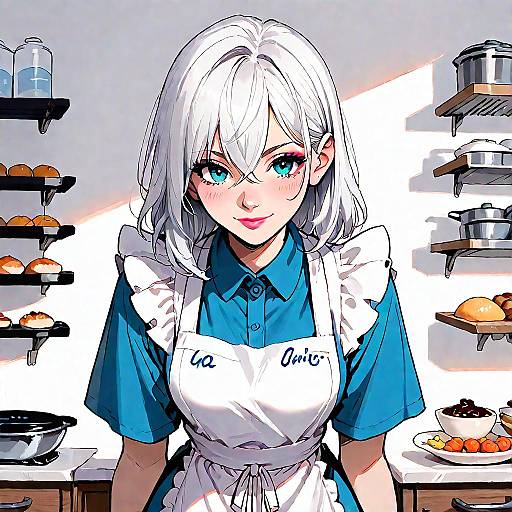 Digital anime-style drawing of a cute, white-haired, blue-eyed maid with a 