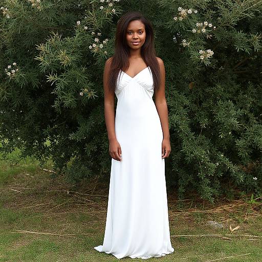 Photograph of a beautiful Black woman with long, straight dark hair, wearing a sleeveless, white, V-neck, floor-length dress, standing in