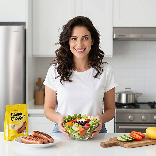 Photograph of a smiling brunette woman with wavy hair in a white shirt, holding a colorful salad in a modern kitchen. Background includes a stove,
