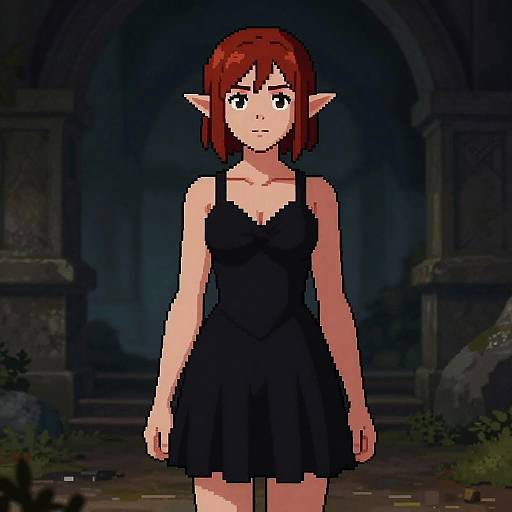 Pixel art of a red-haired, elf-eared woman in a black, sleeveless dress standing in a dark, stone archway.