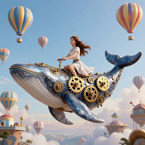 Whimsical digital art: Asian woman with flowing brown hair rides a steampunk blue whale with gears, floating among colorful hot air balloons in a