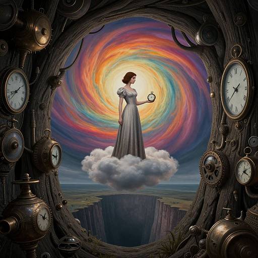 Digital artwork: Victorian woman in white dress, holding clock, floats on cloud over chasm, surrounded by timepieces, with vibrant, swirling rainbow sky