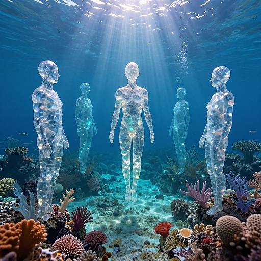 Photograph of five translucent, glowing human figures standing underwater, surrounded by colorful coral reefs, bathed in sunlight from above.
